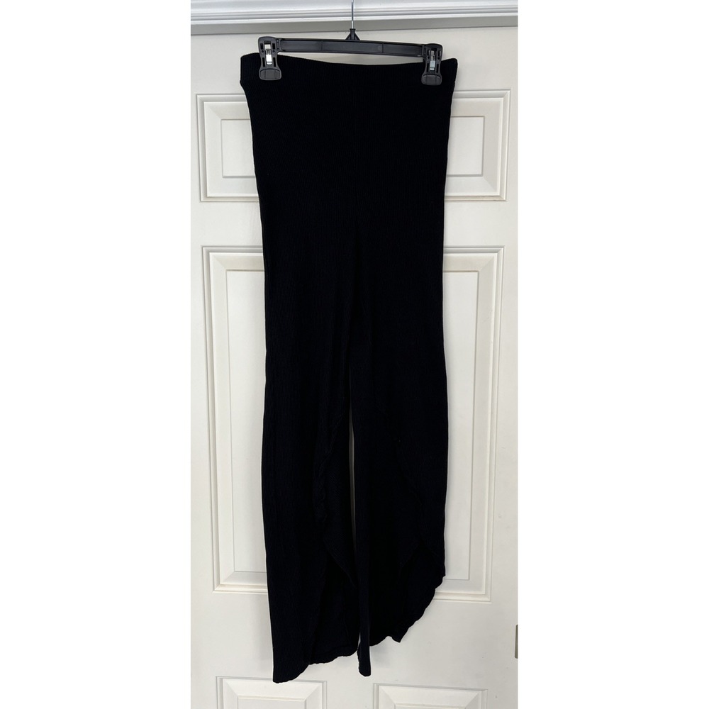 Free People Beach Women's Medium Black Rib Pull On Pants Split Ruffle Pant Leg